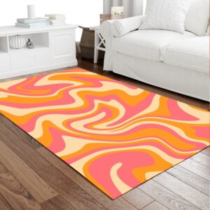 1970s Style Area Rug, Mid-century 70s Rug for Living Room - 1970 Wavy Swirl Seamless Pattern in Orange And Pink Colors Illustration Area Rug