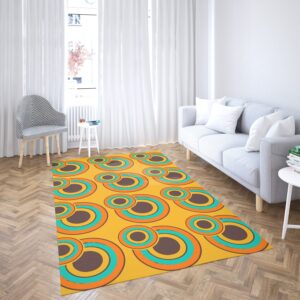 1970s Style Area Rug, Mid-century 70s Rug for Living Room - 1970's Retro Circles Vintage 70s Seventies Pattern Area Rug