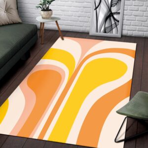 1970s Style Area Rug, Mid-century 70s Rug for Living Room - 70s Area Rug Retro Groovy Abstract Design in Peach, Orange And Yellow