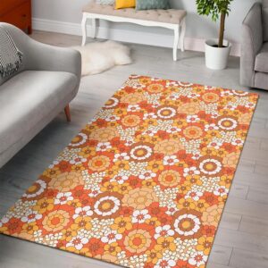 1970s Style Area Rug, Mid-century 70s Rug for Living Room - 70s Flower Orange Pattern Area Rug