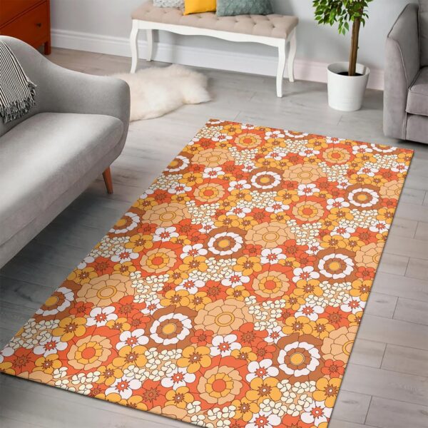 1970s Style Area Rug, Mid-century 70s Rug for Living Room - 70s Flower Orange Pattern Area Rug