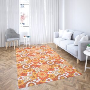 1970s Style Area Rug, Mid-century 70s Rug for Living Room - 70s Flower Orange Pattern Area Rug