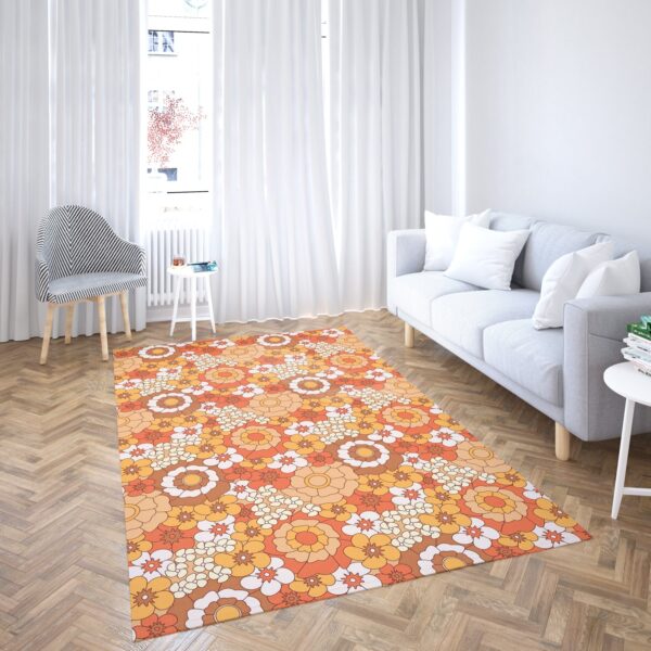 1970s Style Area Rug, Mid-century 70s Rug for Living Room - 70s Flower Orange Pattern Area Rug
