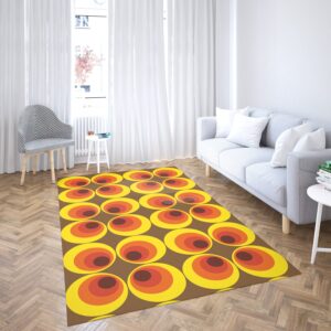 1970s Style Area Rug, Mid-century 70s Rug for Living Room - 70s Funky Vintage Circle Pattern Area Rug