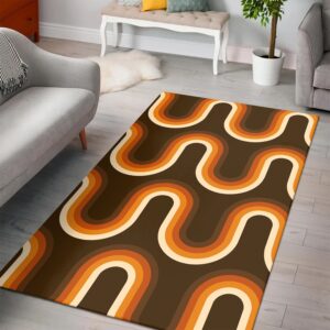 1970s Style Area Rug, Mid-century 70s Rug for Living Room - 70s Pattern Orange And Brown Waves Mounted Print Area Rug