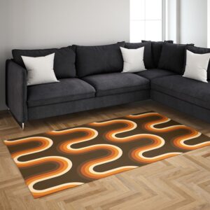 1970s Style Area Rug, Mid-century 70s Rug for Living Room - 70s Pattern Orange And Brown Waves Mounted Print Area Rug