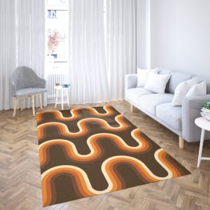 1970s Style Area Rug, Mid-century 70s Rug for Living Room - 70s Pattern Orange And Brown Waves Mounted Print Area Rug