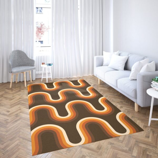 1970s Style Area Rug, Mid-century 70s Rug for Living Room - 70s Pattern Orange And Brown Waves Mounted Print Area Rug