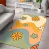 1970s Style Area Rug, Mid-century 70s Rug for Living Room - 70s Rug Vintage Themed Groovy Waves And Floral Pattern Floor Mats