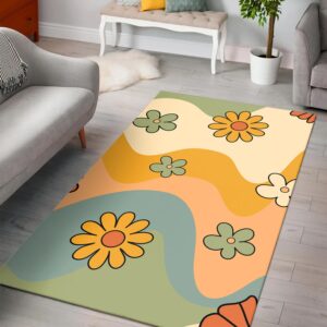 1970s Style Area Rug, Mid-century 70s Rug for Living Room - 70s Rug Vintage Themed Groovy Waves And Floral Pattern Floor Mats