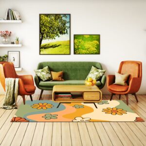1970s Style Area Rug, Mid-century 70s Rug for Living Room - 70s Rug Vintage Themed Groovy Waves And Floral Pattern Floor Mats