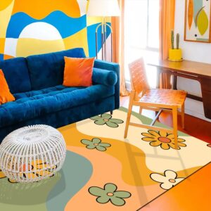 1970s Style Area Rug, Mid-century 70s Rug for Living Room - 70s Rug Vintage Themed Groovy Waves And Floral Pattern Floor Mats