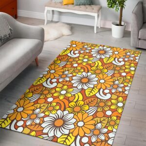 1970s Style Area Rug, Mid-century 70s Rug for Living Room - Area Rug with Retro 70s Flower Pattern Printed Art