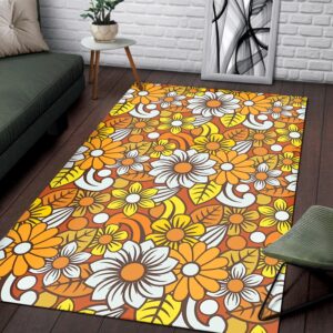 1970s Style Area Rug, Mid-century 70s Rug for Living Room - Area Rug with Retro 70s Flower Pattern Printed Art