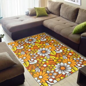 1970s Style Area Rug, Mid-century 70s Rug for Living Room - Area Rug with Retro 70s Flower Pattern Printed Art