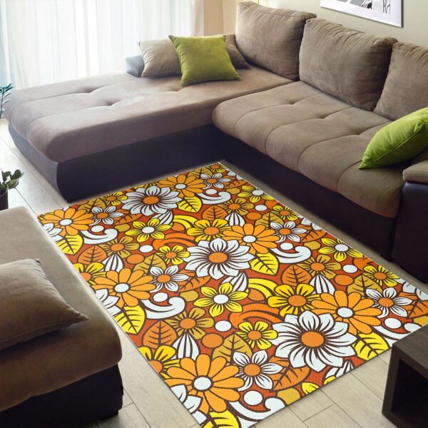1970s Style Area Rug, Mid-century 70s Rug for Living Room - Area Rug with Retro 70s Flower Pattern Printed Art