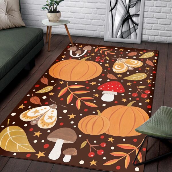 1970s Style Area Rug, Mid-century 70s Rug for Living Room - Area Rugs with Orange Pumpkin Butterfly Mushroom Accents