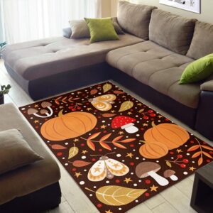 1970s Style Area Rug, Mid-century 70s Rug for Living Room - Area Rugs with Orange Pumpkin Butterfly Mushroom Accents