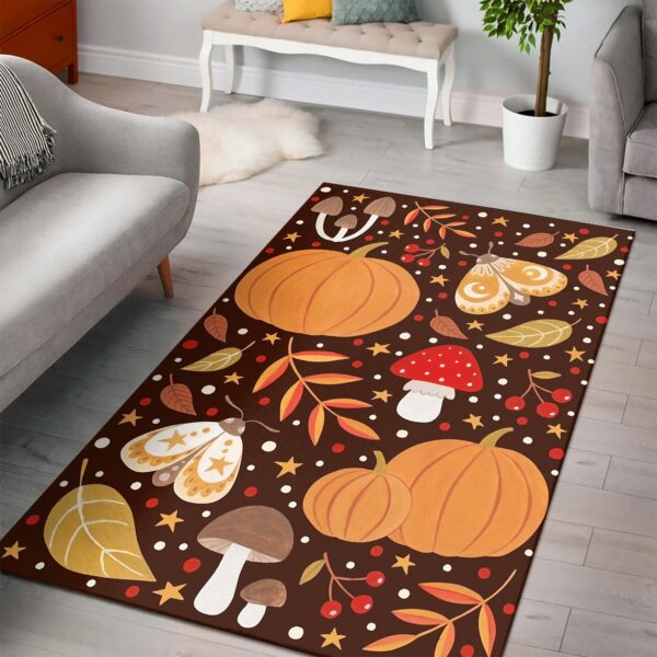 1970s Style Area Rug, Mid-century 70s Rug for Living Room - Area Rugs with Orange Pumpkin Butterfly Mushroom Accents