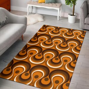 1970s Style Area Rug, Mid-century 70s Rug for Living Room - Brown Orange And Ivory Wavy Lines Retro Pattern 1970s Area Rug