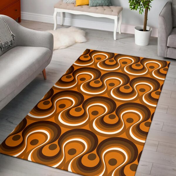 1970s Style Area Rug, Mid-century 70s Rug for Living Room - Brown Orange And Ivory Wavy Lines Retro Pattern 1970s Area Rug