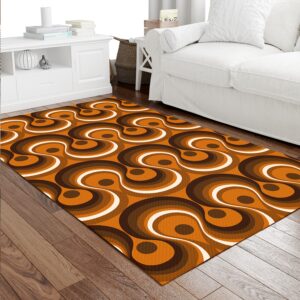 1970s Style Area Rug, Mid-century 70s Rug for Living Room - Brown Orange And Ivory Wavy Lines Retro Pattern 1970s Area Rug