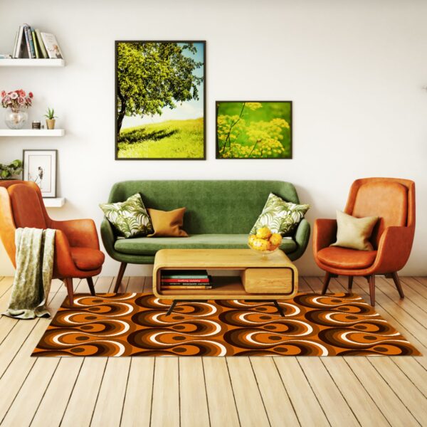 1970s Style Area Rug, Mid-century 70s Rug for Living Room - Brown Orange And Ivory Wavy Lines Retro Pattern 1970s Area Rug