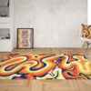 1970s Style Area Rug, Mid-century 70s Rug for Living Room - Curvy Groovy 70s Style Rugs with Navy Blue Orange Wavy Retro Colors
