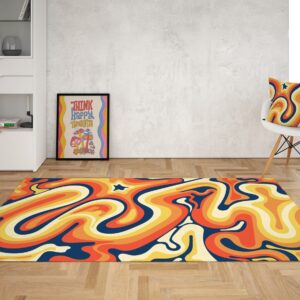 1970s Style Area Rug, Mid-century 70s Rug for Living Room - Curvy Groovy 70s Style Rugs with Navy Blue Orange Wavy Retro Colors