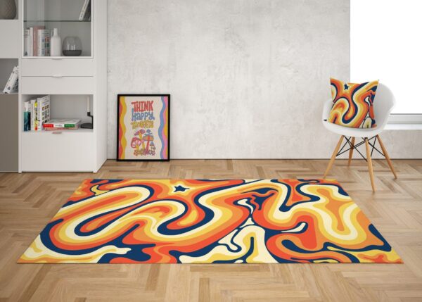 1970s Style Area Rug, Mid-century 70s Rug for Living Room - Curvy Groovy 70s Style Rugs with Navy Blue Orange Wavy Retro Colors