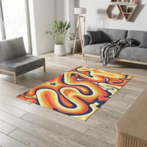 1970s Style Area Rug, Mid-century 70s Rug for Living Room - Curvy Groovy 70s Style Rugs with Navy Blue Orange Wavy Retro Colors
