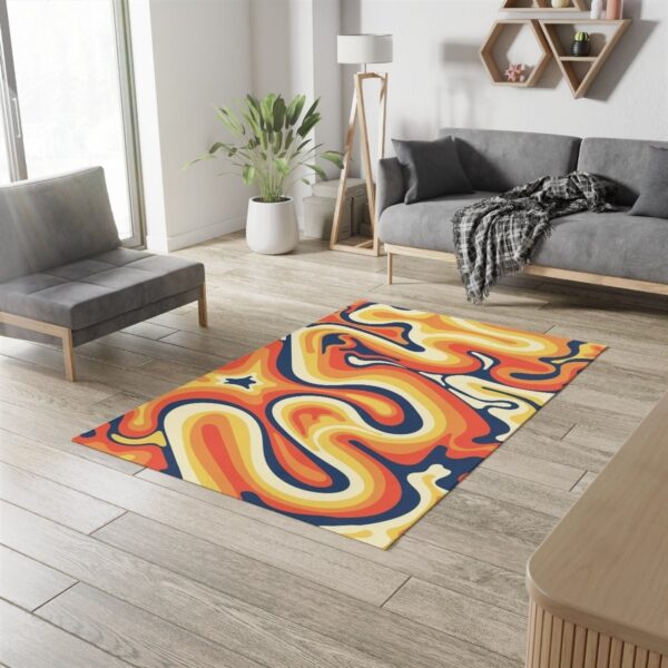 1970s Style Area Rug, Mid-century 70s Rug for Living Room - Curvy Groovy 70s Style Rugs with Navy Blue Orange Wavy Retro Colors