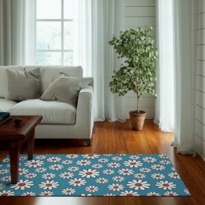 1970s Style Area Rug, Mid-century 70s Rug for Living Room - Cute Blue Daisy Hippie Floral 70s Floor Carpet
