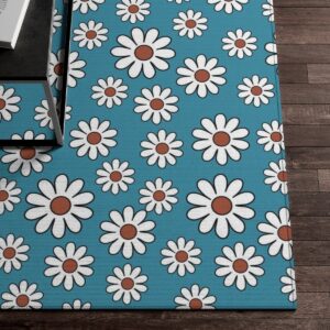 1970s Style Area Rug, Mid-century 70s Rug for Living Room - Cute Blue Daisy Hippie Floral 70s Floor Carpet