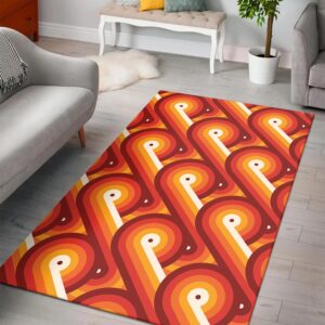 1970s Style Area Rug, Mid-century 70s Rug for Living Room - Disco Circles Geometric Orange Pattern Printed On Vintage 70s Style Area Rug