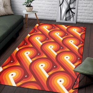 1970s Style Area Rug, Mid-century 70s Rug for Living Room - Disco Circles Geometric Orange Pattern Printed On Vintage 70s Style Area Rug