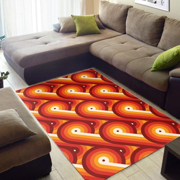 1970s Style Area Rug, Mid-century 70s Rug for Living Room - Disco Circles Geometric Orange Pattern Printed On Vintage 70s Style Area Rug