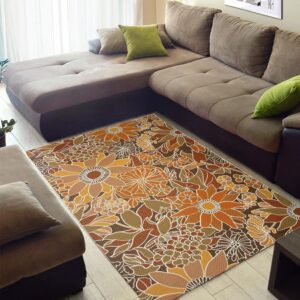 1970s Style Area Rug, Mid-century 70s Rug for Living Room - Floral 1970 Style Living Room, Bedroom with Orange And Brown Area Rugs