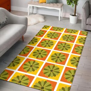 1970s Style Area Rug, Mid-century 70s Rug for Living Room - Flowers Retro 1970s Vintage Living Room Area Rug