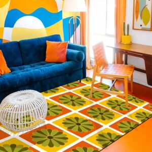 1970s Style Area Rug, Mid-century 70s Rug for Living Room - Flowers Retro 1970s Vintage Living Room Area Rug