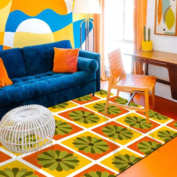 1970s Style Area Rug, Mid-century 70s Rug for Living Room - Flowers Retro 1970s Vintage Living Room Area Rug