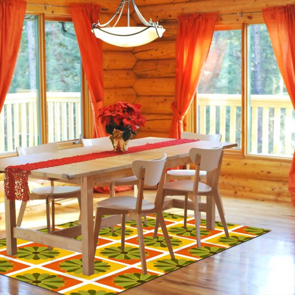 1970s Style Area Rug, Mid-century 70s Rug for Living Room - Flowers Retro 1970s Vintage Living Room Area Rug