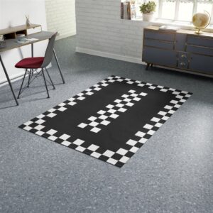 1970s Style Area Rug, Mid-century 70s Rug for Living Room - Funky Black And White Checkered Border 70s Area Rug