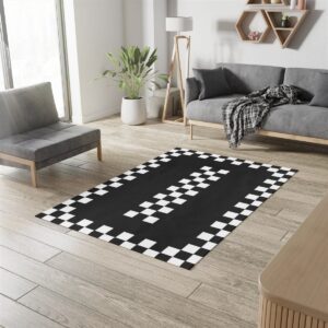 1970s Style Area Rug, Mid-century 70s Rug for Living Room - Funky Black And White Checkered Border 70s Area Rug