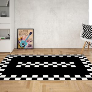 1970s Style Area Rug, Mid-century 70s Rug for Living Room - Funky Black And White Checkered Border 70s Area Rug