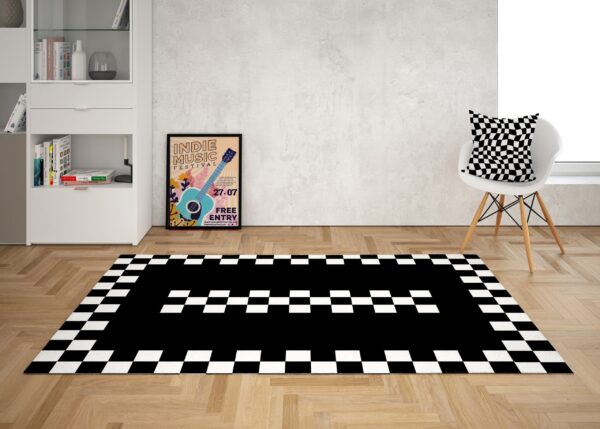 1970s Style Area Rug, Mid-century 70s Rug for Living Room - Funky Black And White Checkered Border 70s Area Rug