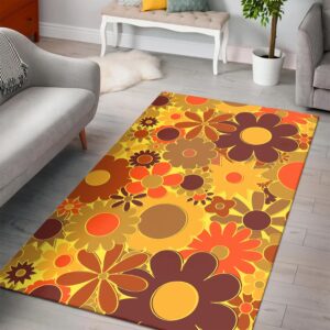1970s Style Area Rug, Mid-century 70s Rug for Living Room - Funky Daisy Floral in Electric Orange 70s Style Rug