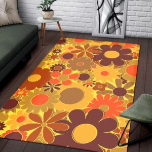 1970s Style Area Rug, Mid-century 70s Rug for Living Room - Funky Daisy Floral in Electric Orange 70s Style Rug