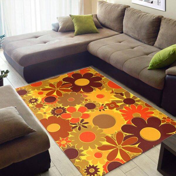 1970s Style Area Rug, Mid-century 70s Rug for Living Room - Funky Daisy Floral in Electric Orange 70s Style Rug