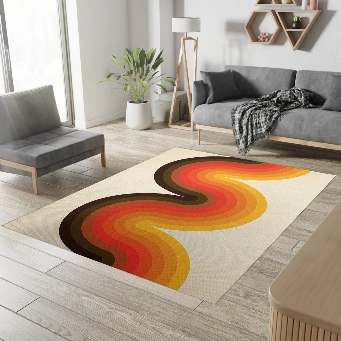 1970s Style Area Rug, Mid-century 70s Rug for Living Room - Mid Century Modern Art Rug, Scandinavian Style Living Room Rug, Retro 70s Area Rug, Neutral Abstract Geometric Rug